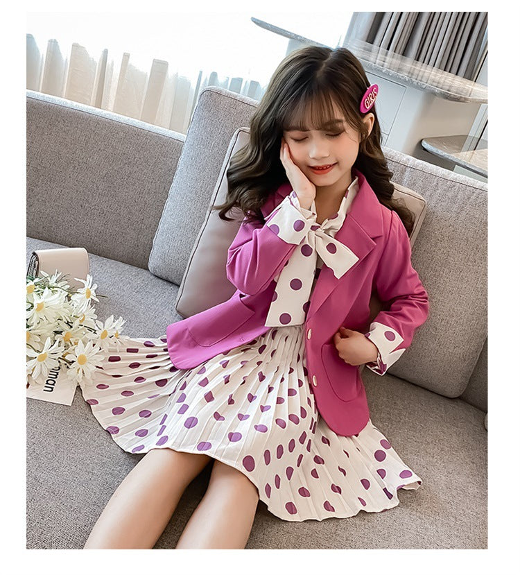 Girls Baby Solid Color Casual Blazer With Dot Dress
