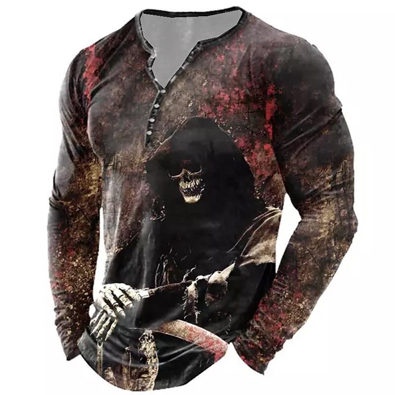 Men's Vintage Print Seven Button Open Placket Skull Long Sleeve T-shirt