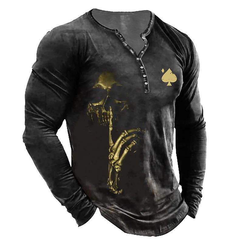 Men's Vintage Print Seven Button Open Placket Skull Long Sleeve T-shirt