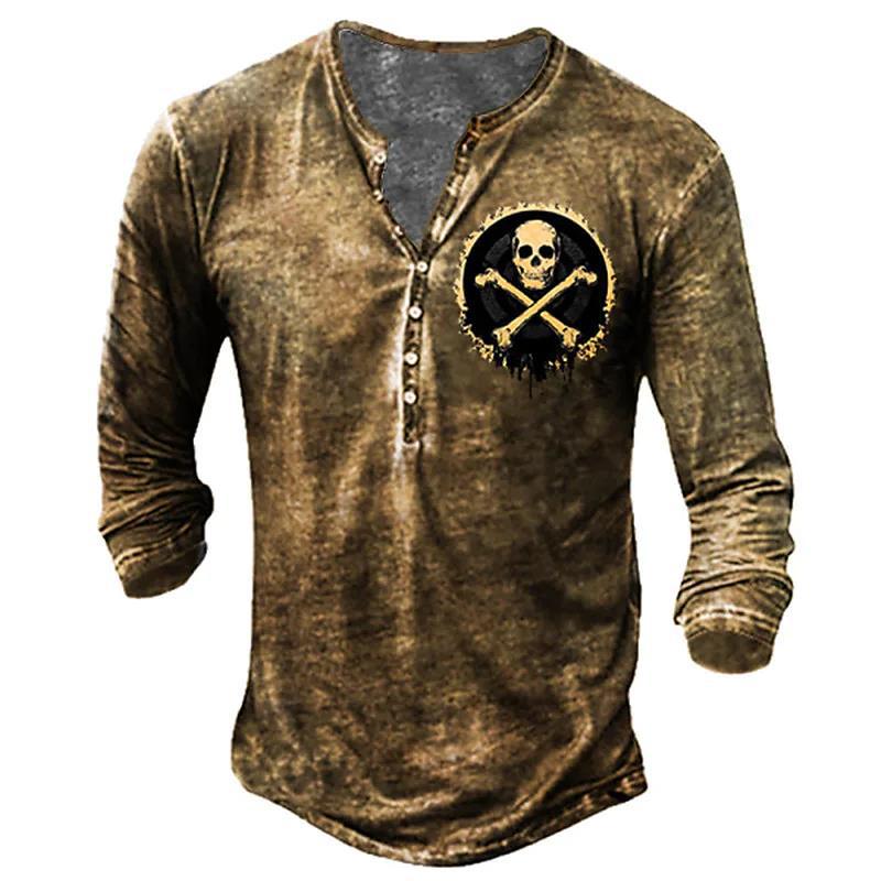 Men's Vintage Print Seven Button Open Placket Skull Long Sleeve T-shirt