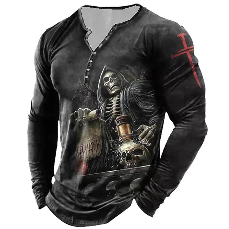 Men's Vintage Print Seven Button Open Placket Skull Long Sleeve T-shirt