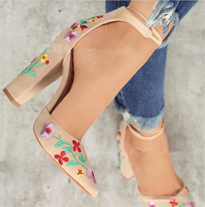 Womens Pumps Shoes Dorsay Ankle Strap Block High Heels Embroidery Flowers