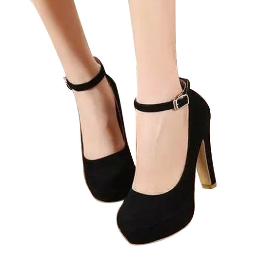 Chunky Heel Pumps Womens Black High Heels With Solid Color Buckle