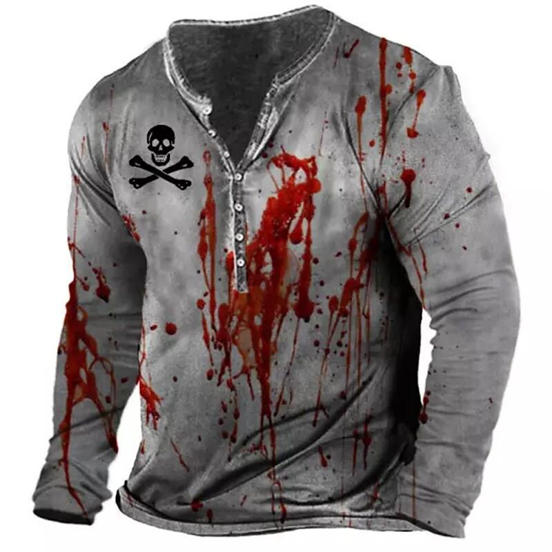 Men's Vintage Print Seven Button Open Placket Skull Long Sleeve T-shirt