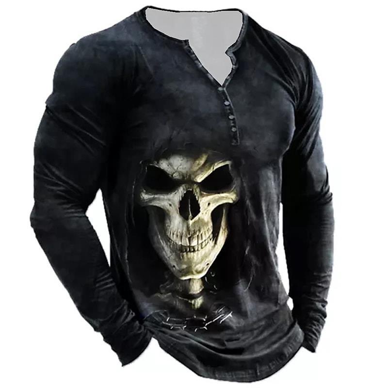 Men's Vintage Print Seven Button Open Placket Skull Long Sleeve T-shirt