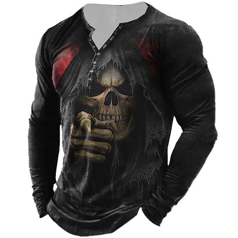 Men's Vintage Print Seven Button Open Placket Skull Long Sleeve T-shirt