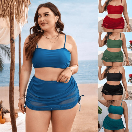 Pure Color Mesh Bikini Three-piece Set For Women