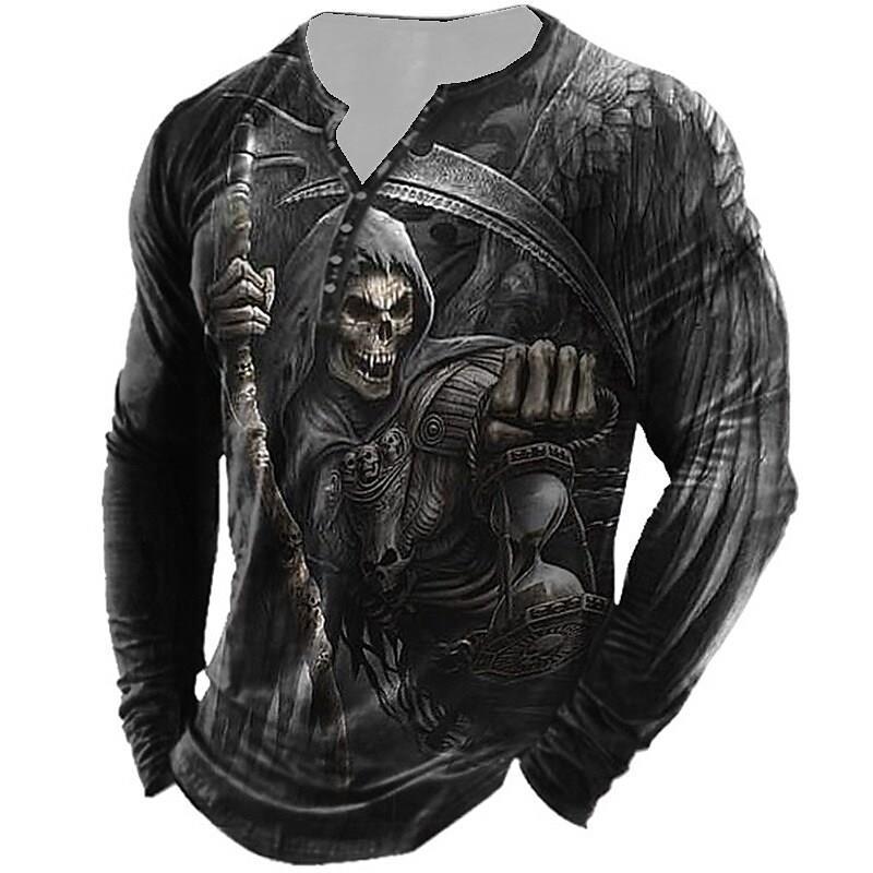 Men's Vintage Print Seven Button Open Placket Skull Long Sleeve T-shirt