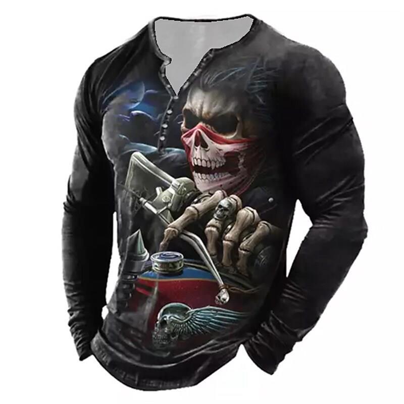 Men's Vintage Print Seven Button Open Placket Skull Long Sleeve T-shirt