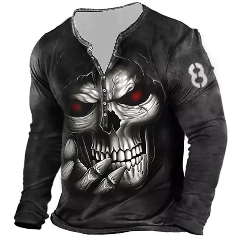 Men's Vintage Print Seven Button Open Placket Skull Long Sleeve T-shirt