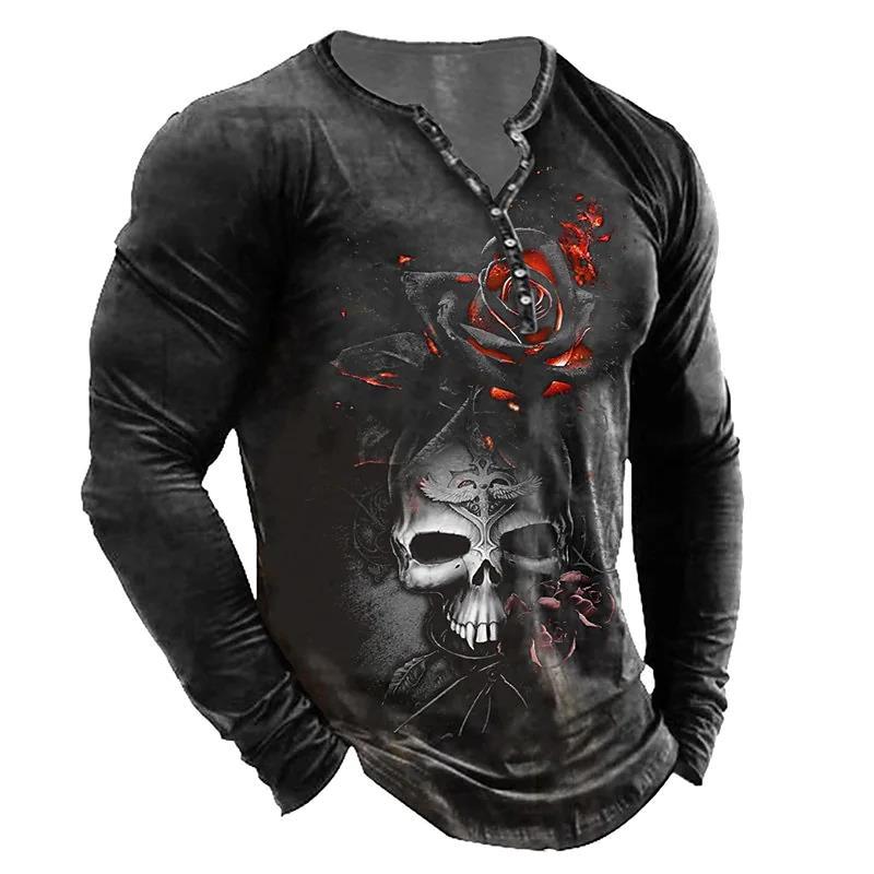 Men's Vintage Print Seven Button Open Placket Skull Long Sleeve T-shirt