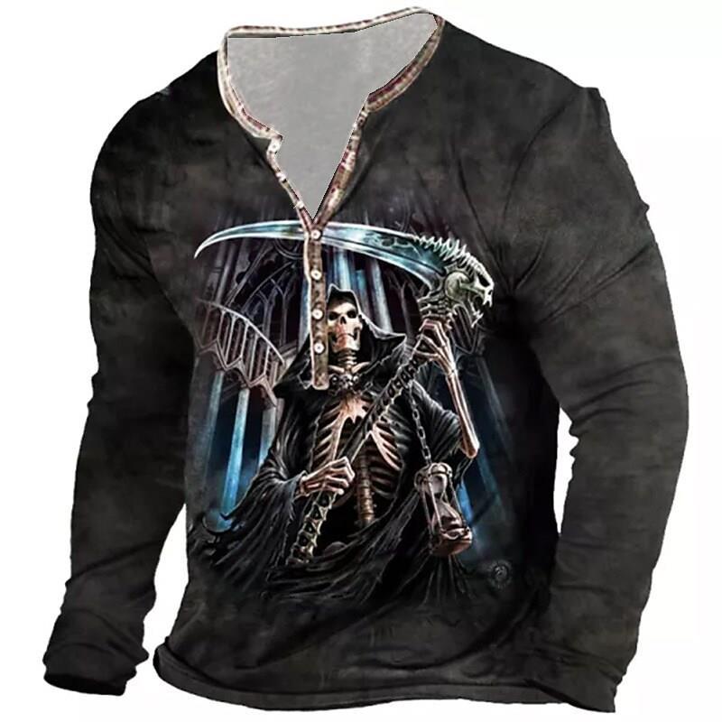 Men's Vintage Print Seven Button Open Placket Skull Long Sleeve T-shirt