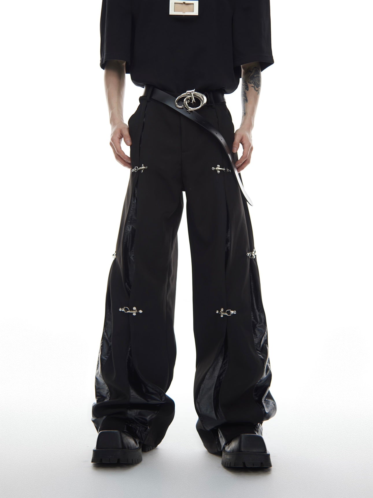 Mens Fashion Casual Metal Aircraft Button Patchwork Straight Leg Pants