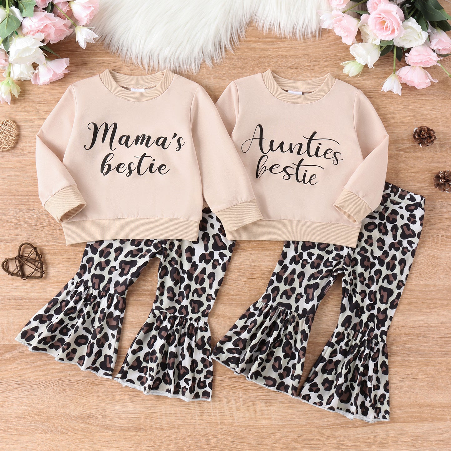 Parent-child Clothes Suit Clothes Girls' Sweater Top Leopard Print Bell-bottom Pants