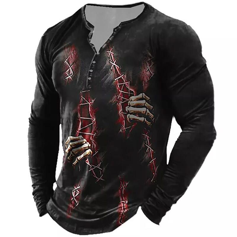 Men's Vintage Print Seven Button Open Placket Skull Long Sleeve T-shirt