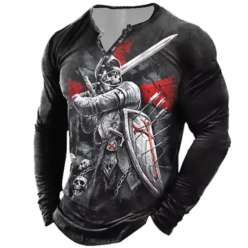 Men's Vintage Print Seven Button Open Placket Skull Long Sleeve T-shirt