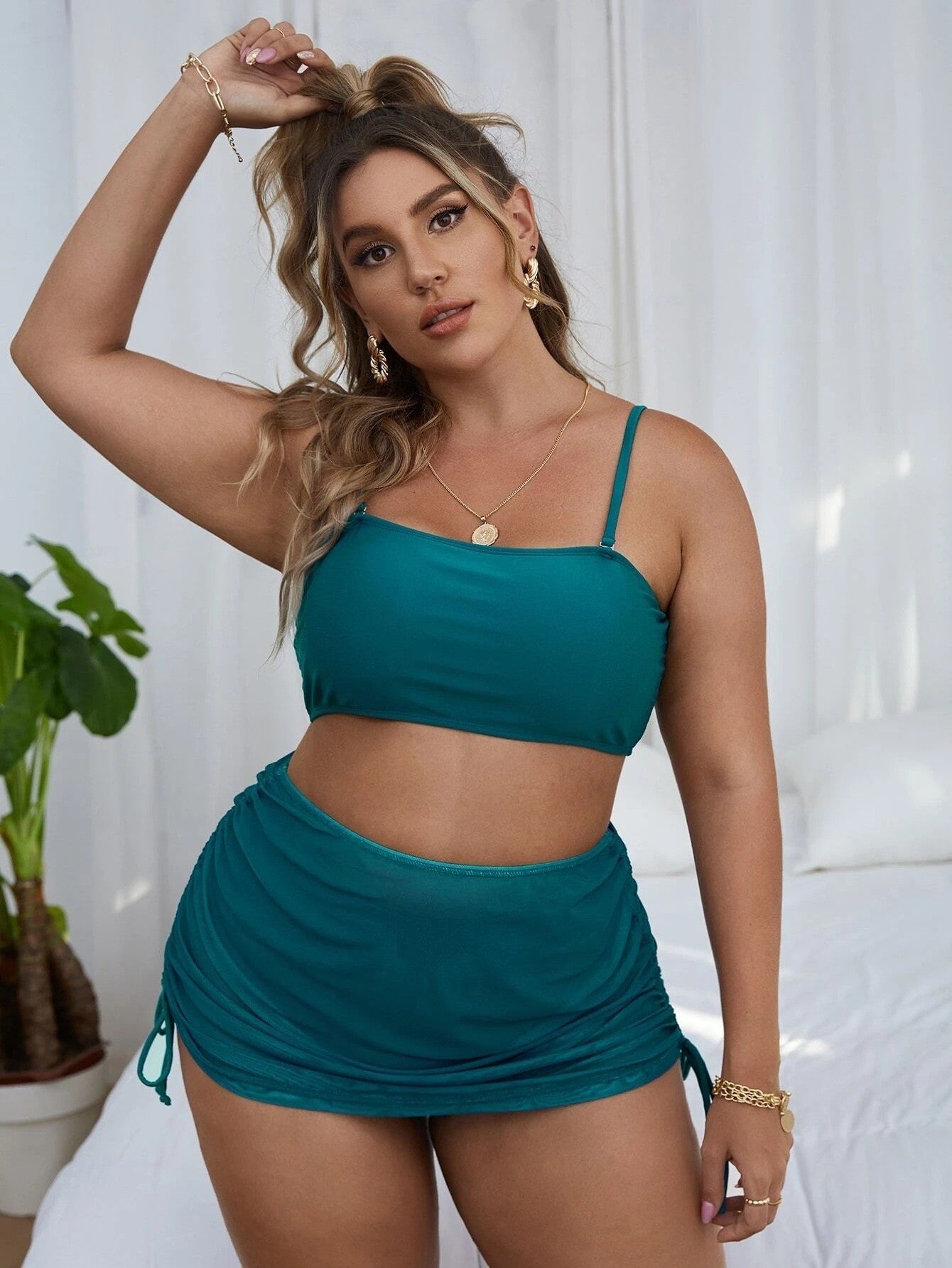 Pure Color Mesh Bikini Three-piece Set For Women