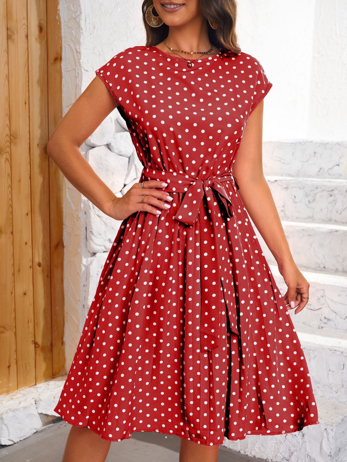 Women's Short Sleeve Lace-up Polka Dots Pleated Dress
