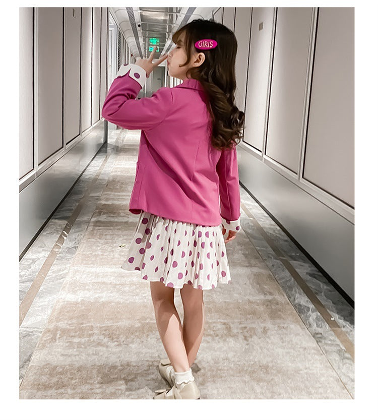 Girls Baby Solid Color Casual Blazer With Dot Dress