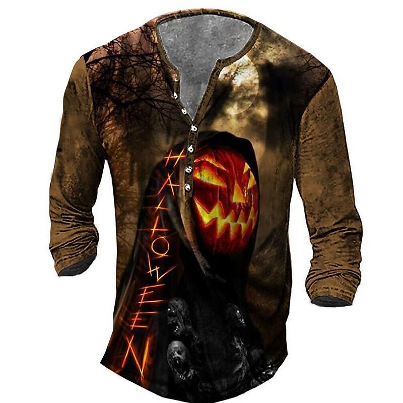 Men's Vintage Print Seven Button Open Placket Skull Long Sleeve T-shirt