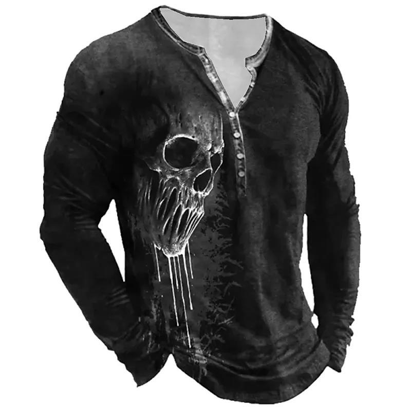 Men's Vintage Print Seven Button Open Placket Skull Long Sleeve T-shirt