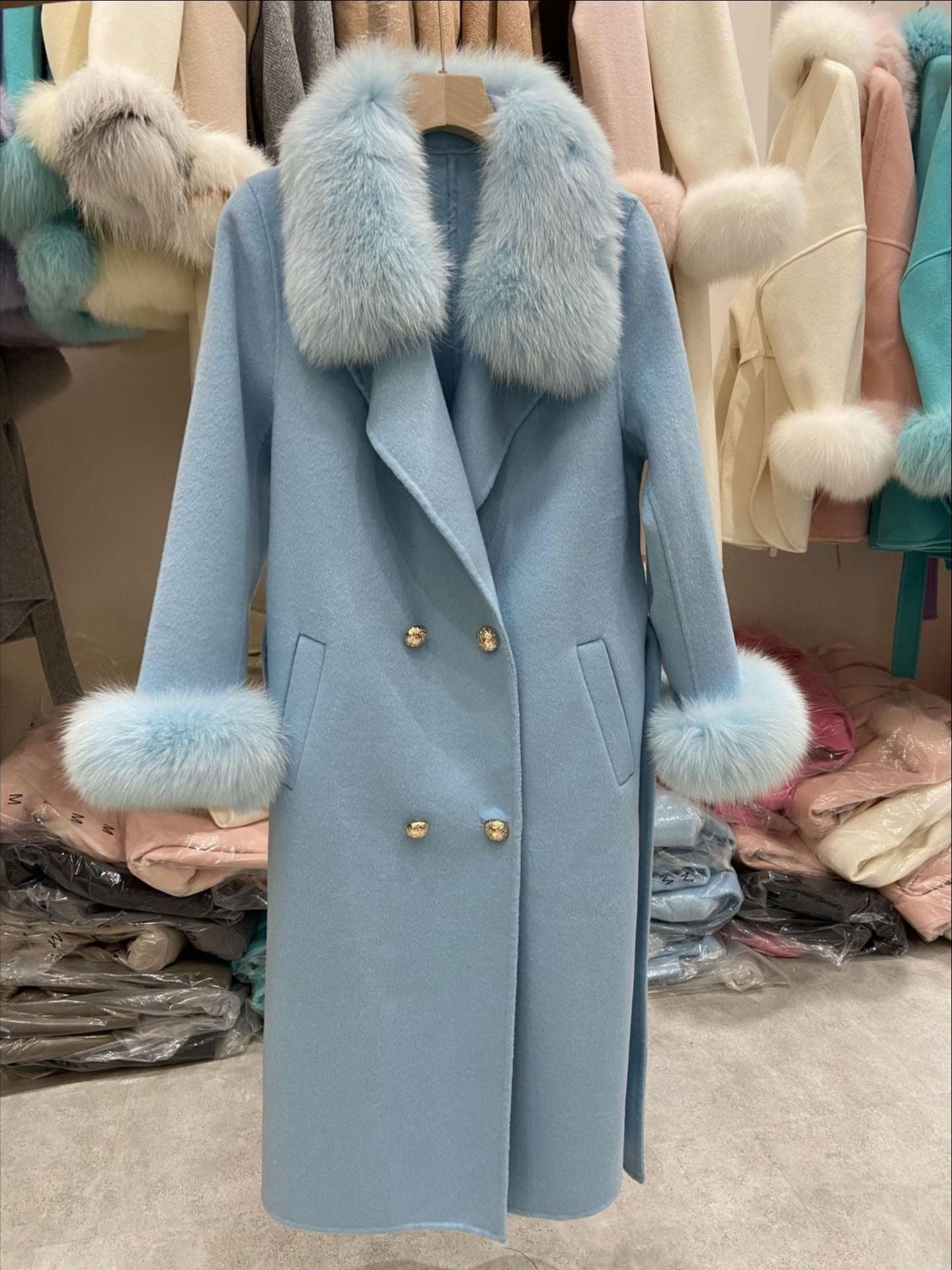 Fox Fur Collar Wool Double-sided Woolen Coat Long For Women