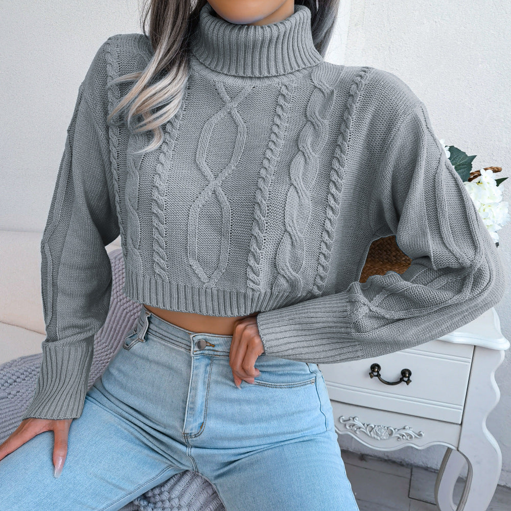 Autumn And Winter European And American Fashion Twist Long Sleeve Turtleneck Cropped Pullover Sweater