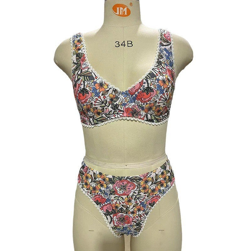 Bikini European And American Steel Bracket Push Up Printed Tied Swimsuit For Women