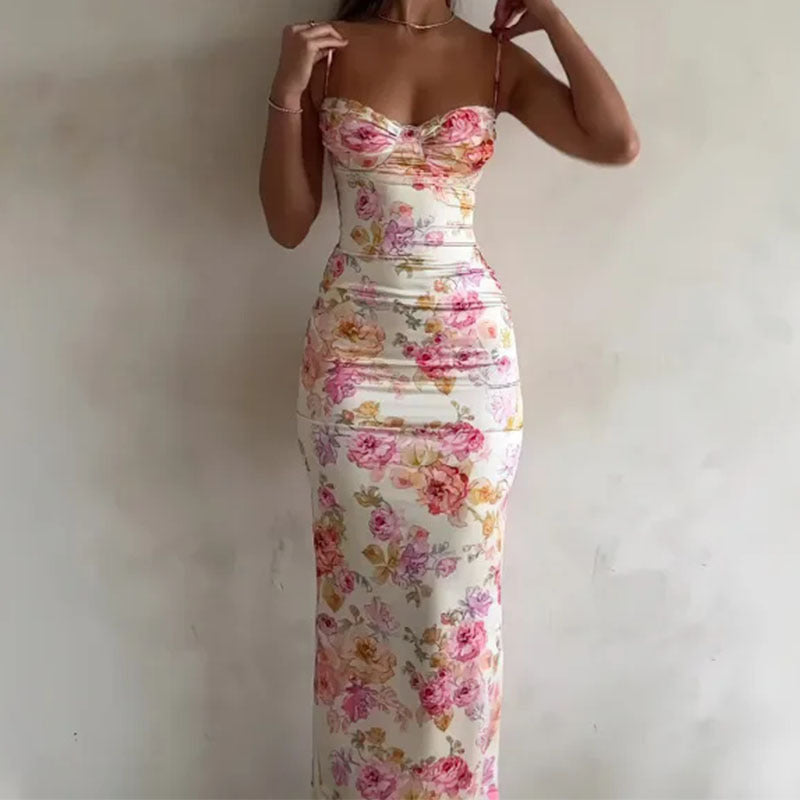 Women's Elegant Spaghetti-strap Floral Print Hip-wrapped Fashion Dress
