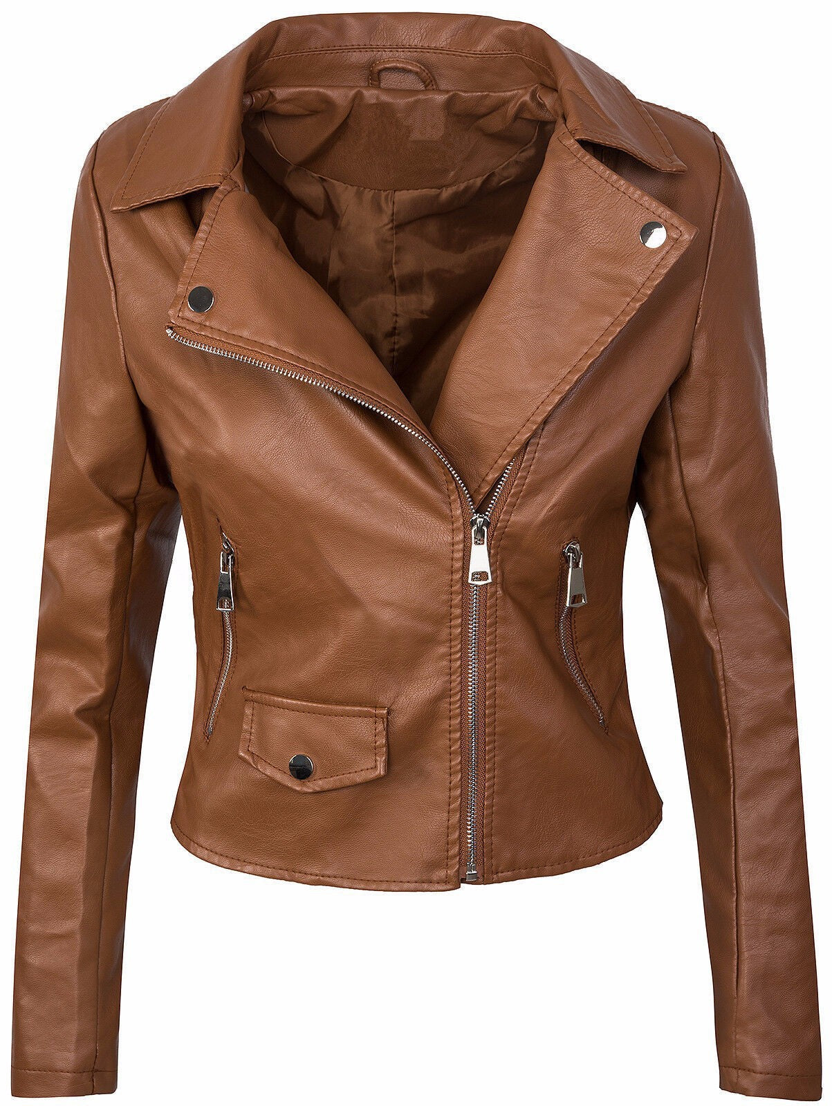 Women's Fall Winter Coat Slim PU Leather Short Zipper Jacket