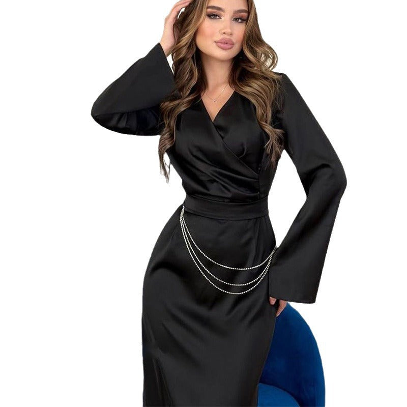 Women's Clothing Solid Color And V-neck Long Sleeve High Waist Long Dress