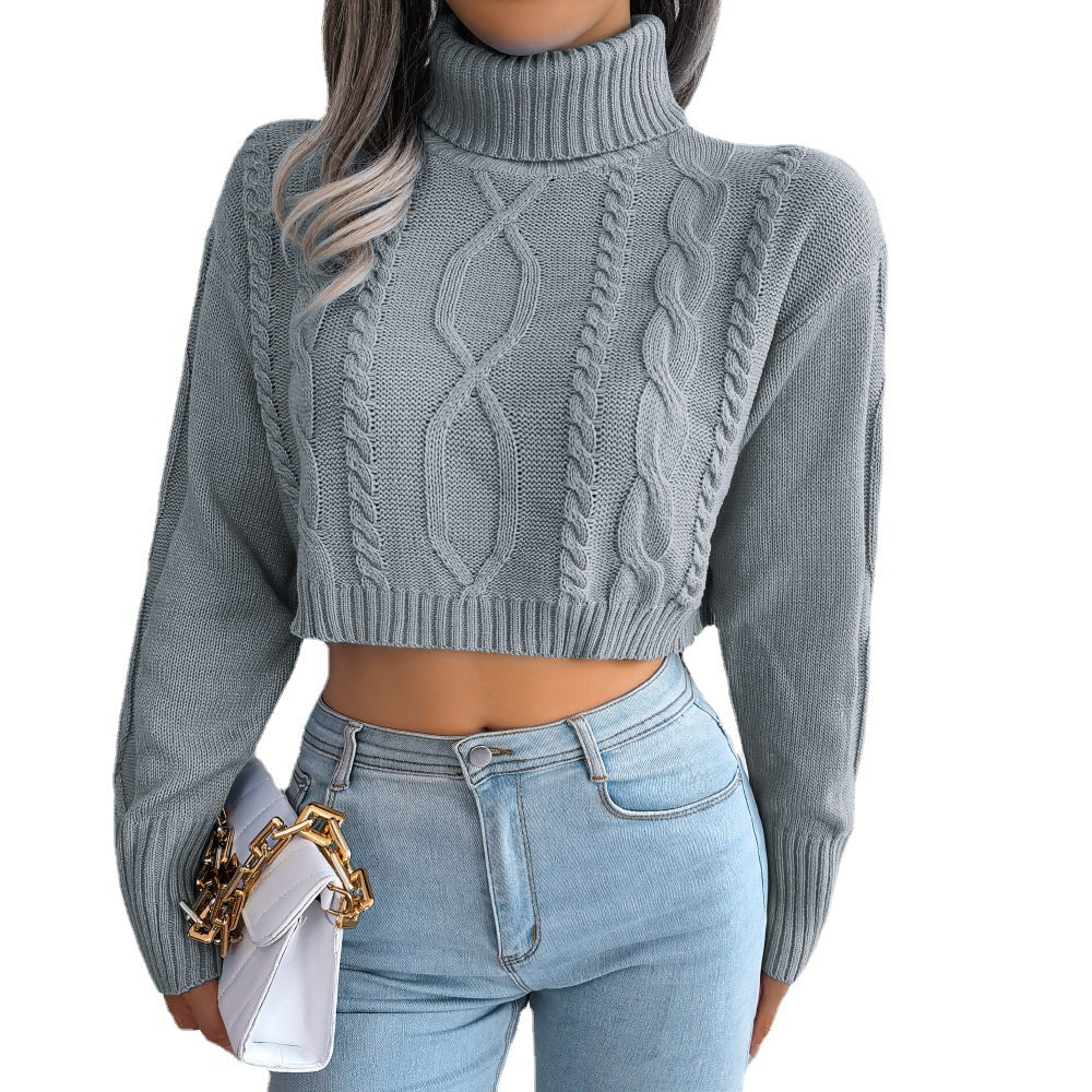 Autumn And Winter European And American Fashion Twist Long Sleeve Turtleneck Cropped Pullover Sweater