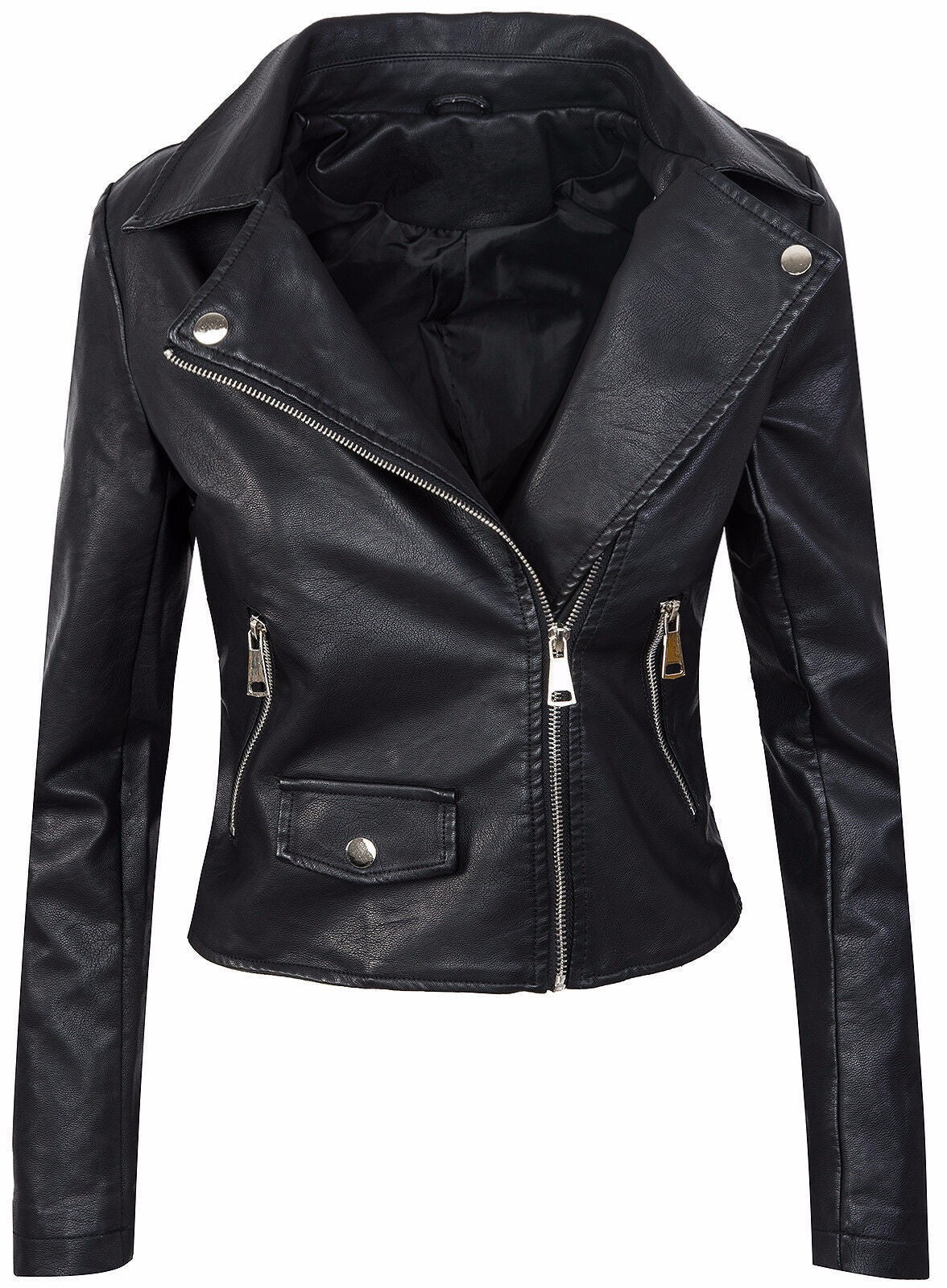 Women's Fall Winter Coat Slim PU Leather Short Zipper Jacket