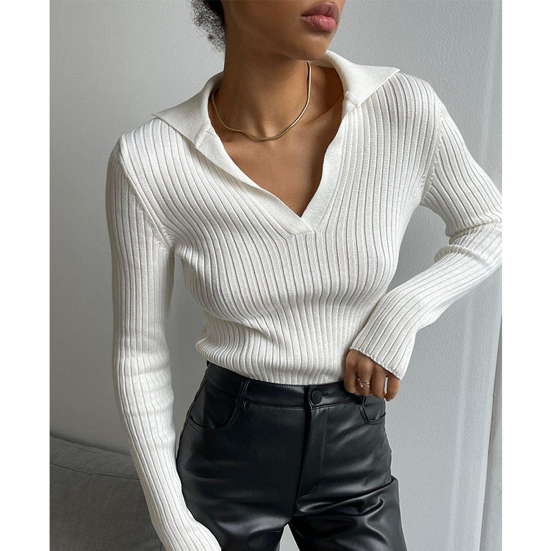 Collar Knitted Sweater Temperament Commute Slim Fit Sunken Stripe Bottoming Pullover Sweater