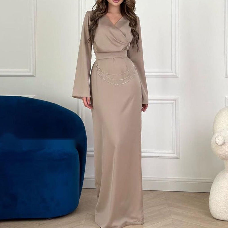 Women's Clothing Solid Color And V-neck Long Sleeve High Waist Long Dress