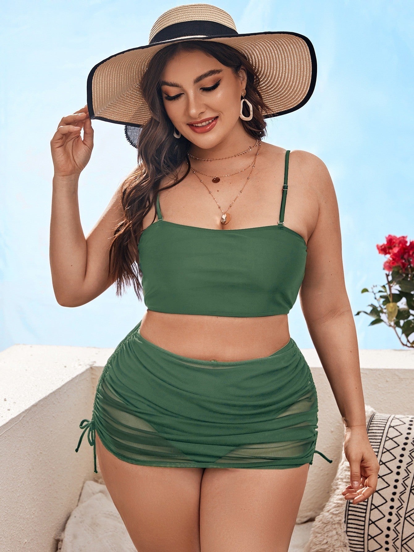 Pure Color Mesh Bikini Three-piece Set For Women