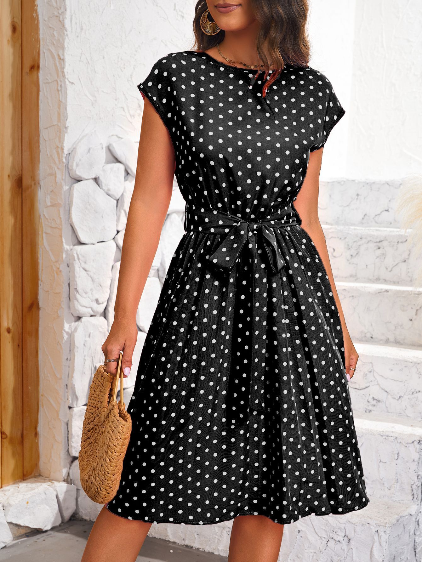 Women's Short Sleeve Lace-up Polka Dots Pleated Dress